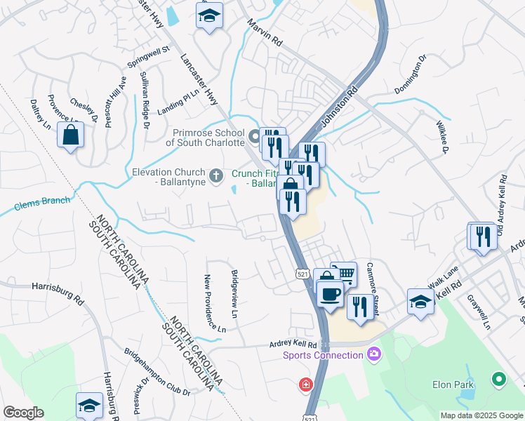 map of restaurants, bars, coffee shops, grocery stores, and more near 11755 Ridgeway Park Drive in Charlotte