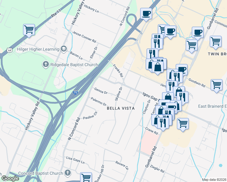 map of restaurants, bars, coffee shops, grocery stores, and more near 1819 Skyline Drive in Chattanooga