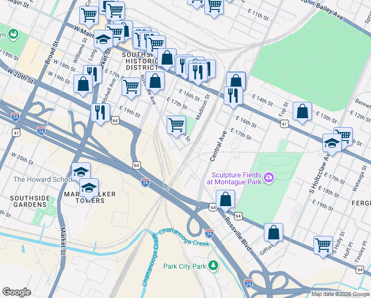 map of restaurants, bars, coffee shops, grocery stores, and more near 2017 Rossville Avenue in Chattanooga