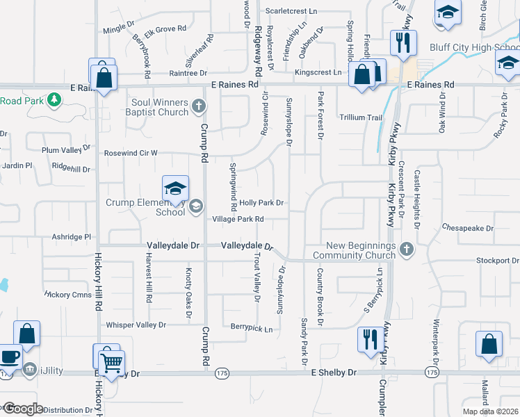 map of restaurants, bars, coffee shops, grocery stores, and more near 6215 Village Park Road in Memphis