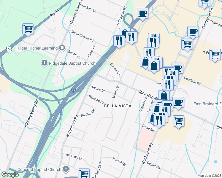 map of restaurants, bars, coffee shops, grocery stores, and more near 1819 Skyline Drive in Chattanooga