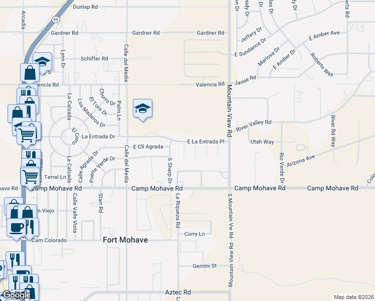 map of restaurants, bars, coffee shops, grocery stores, and more near 4435 Los Lobos Lane in Fort Mohave