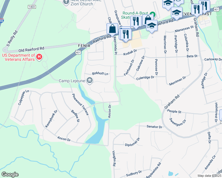 map of restaurants, bars, coffee shops, grocery stores, and more near 7602 Alameda Drive in Fayetteville