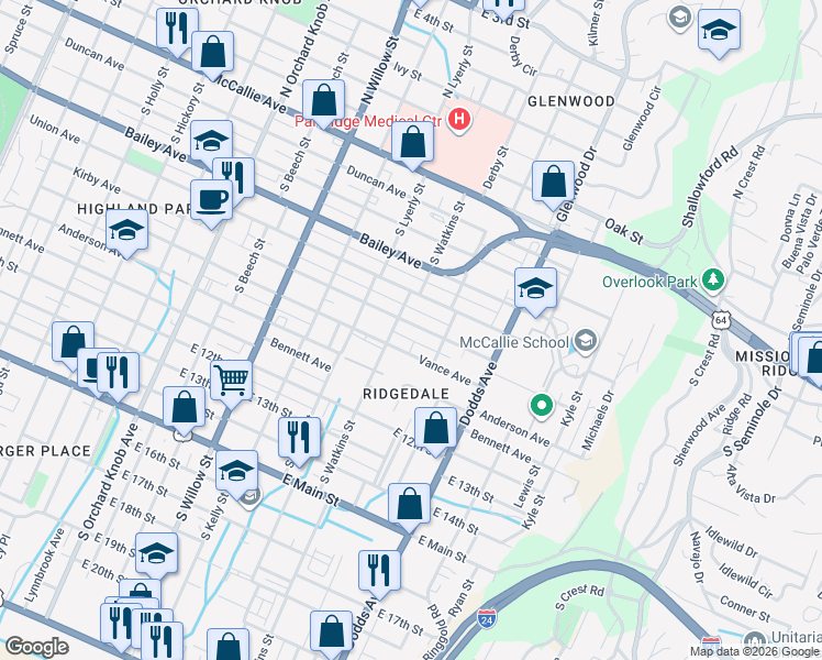 map of restaurants, bars, coffee shops, grocery stores, and more near 2413 Vance Avenue in Chattanooga