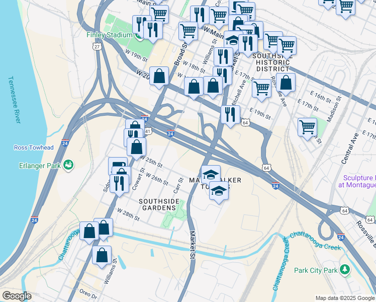 map of restaurants, bars, coffee shops, grocery stores, and more near Long Street in Chattanooga