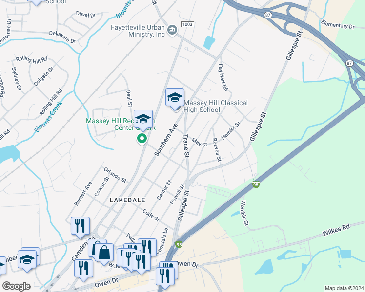 map of restaurants, bars, coffee shops, grocery stores, and more near 1080 Trade Street in Fayetteville