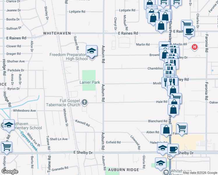 map of restaurants, bars, coffee shops, grocery stores, and more near 884 Mosby Road in Memphis