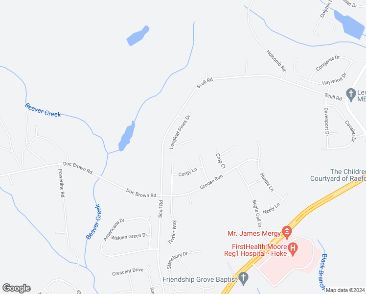 map of restaurants, bars, coffee shops, grocery stores, and more near 106 Short Leaf Drive in Raeford