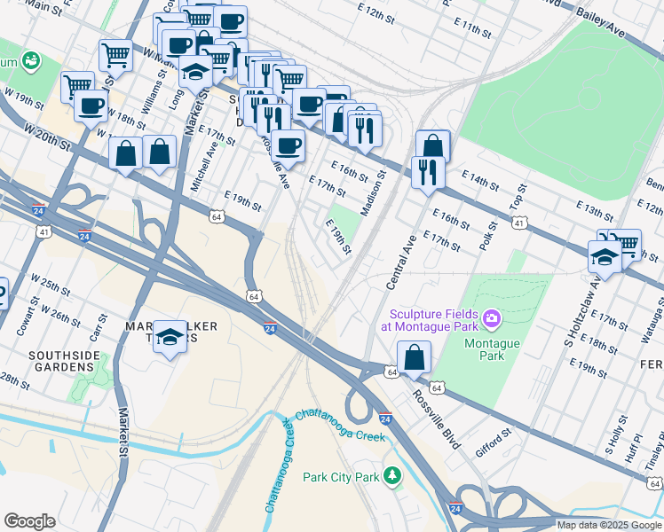 map of restaurants, bars, coffee shops, grocery stores, and more near 1930 Rossville Avenue in Chattanooga