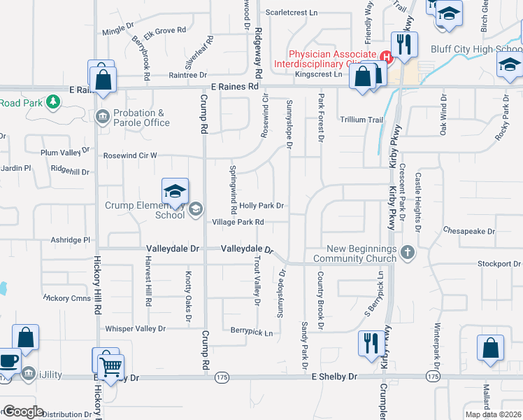 map of restaurants, bars, coffee shops, grocery stores, and more near 4361 Deergrove Road in Memphis