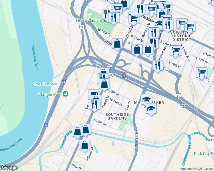 map of restaurants, bars, coffee shops, grocery stores, and more near 2409 Broad Street in Chattanooga