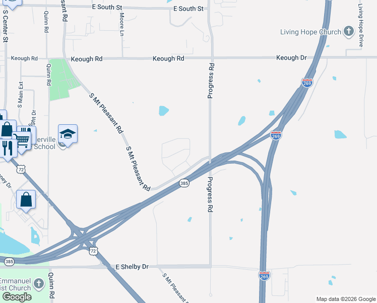map of restaurants, bars, coffee shops, grocery stores, and more near 648-654 South Mount Pleasant Road in Collierville