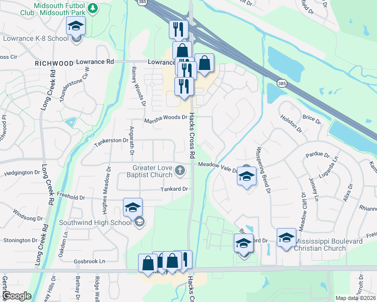 map of restaurants, bars, coffee shops, grocery stores, and more near 4358 Donnegan Cove in Memphis
