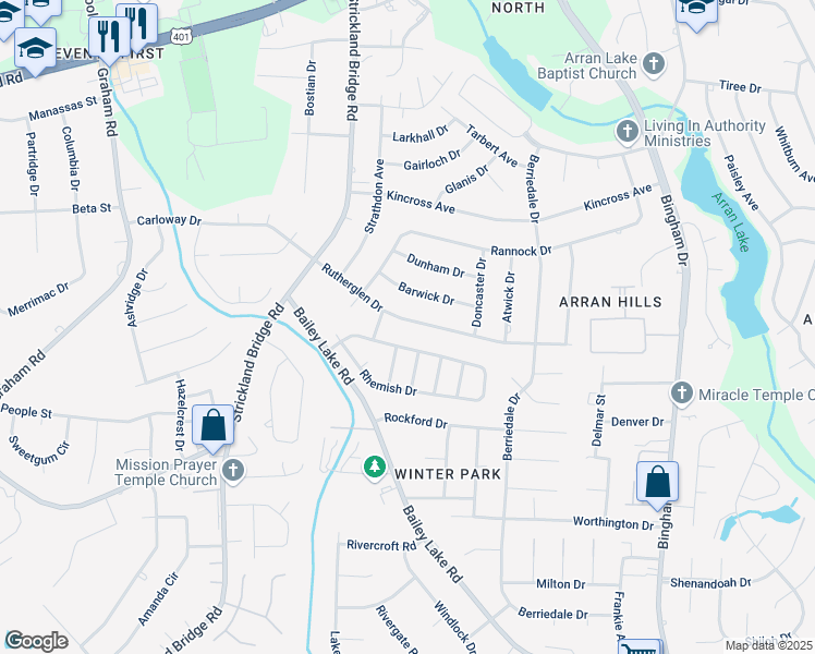 map of restaurants, bars, coffee shops, grocery stores, and more near 6431 Rutherglen Drive in Fayetteville