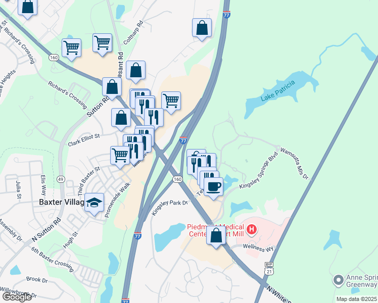 map of restaurants, bars, coffee shops, grocery stores, and more near Interstate 77 in Fort Mill
