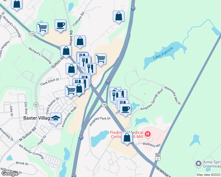 map of restaurants, bars, coffee shops, grocery stores, and more near Interstate 77 in Fort Mill