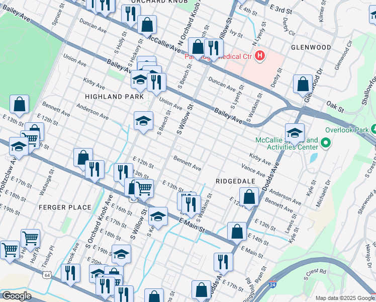 map of restaurants, bars, coffee shops, grocery stores, and more near 2113 Vance Avenue in Chattanooga