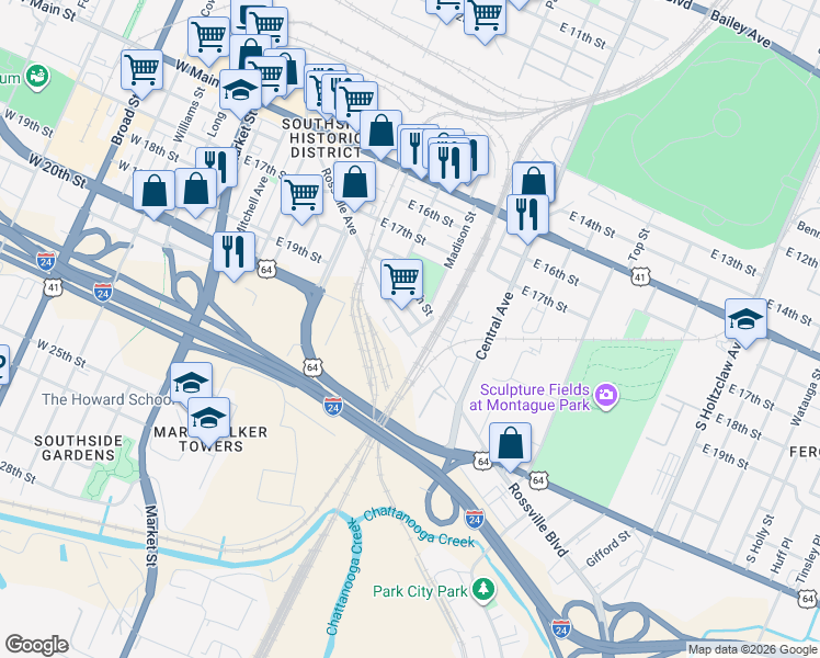 map of restaurants, bars, coffee shops, grocery stores, and more near 1930 Rossville Avenue in Chattanooga