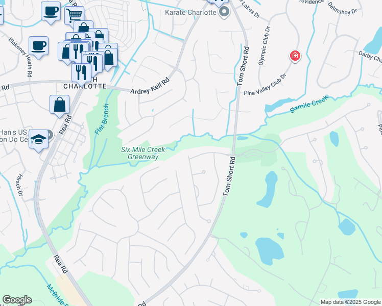map of restaurants, bars, coffee shops, grocery stores, and more near 9840 Longview Club Drive in Waxhaw