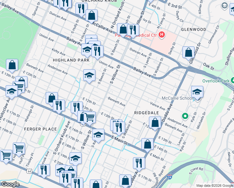 map of restaurants, bars, coffee shops, grocery stores, and more near 2113 Vance Avenue in Chattanooga