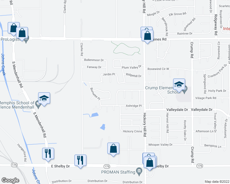 map of restaurants, bars, coffee shops, grocery stores, and more near 4383 Misty Morning Drive in Memphis
