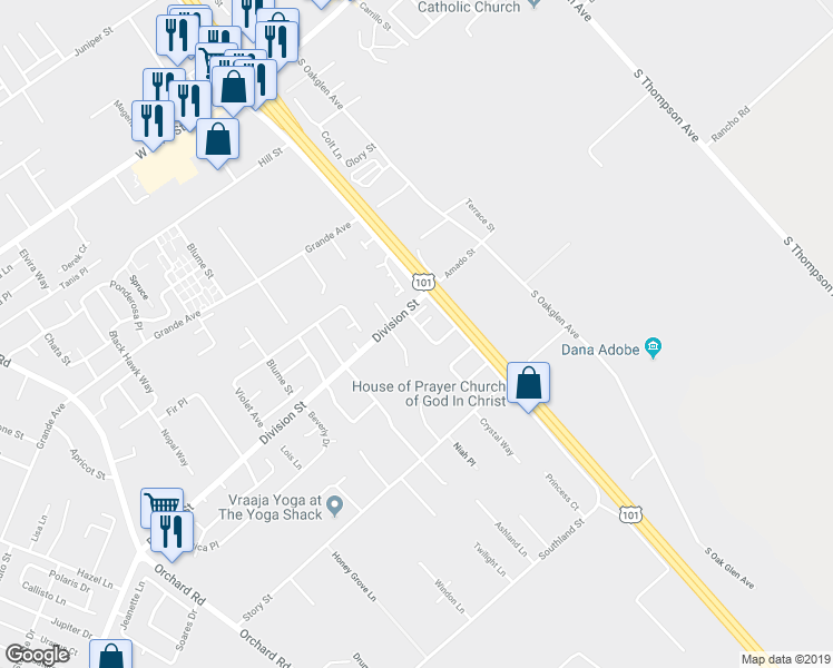 map of restaurants, bars, coffee shops, grocery stores, and more near 534 Adina Way in Nipomo