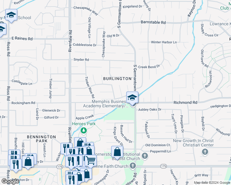 map of restaurants, bars, coffee shops, grocery stores, and more near 7136 Shadow Oaks Drive in Memphis