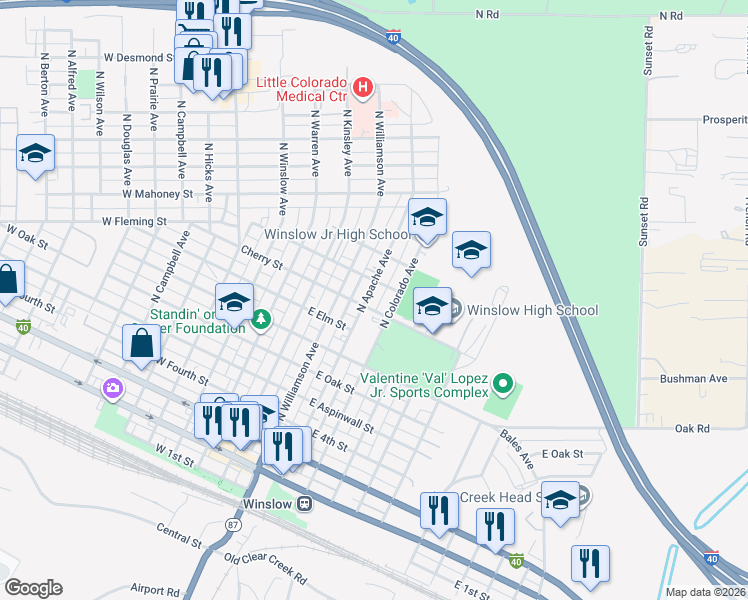 map of restaurants, bars, coffee shops, grocery stores, and more near 921 North Apache Avenue in Winslow