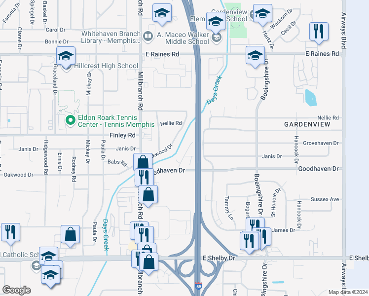 map of restaurants, bars, coffee shops, grocery stores, and more near 1812 Grovehaven Circle in Memphis