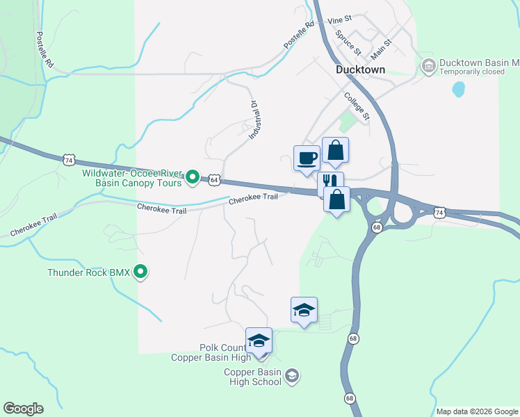 map of restaurants, bars, coffee shops, grocery stores, and more near 877-949 Cherokee Trail in Copperhill
