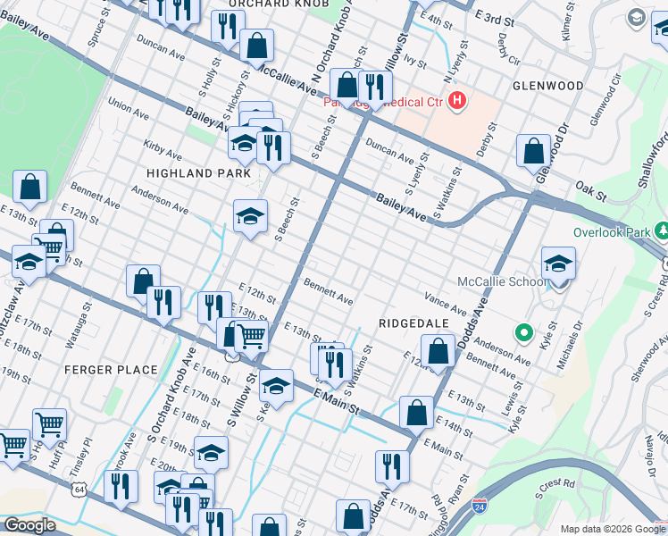 map of restaurants, bars, coffee shops, grocery stores, and more near 909 South Kelly Street in Chattanooga