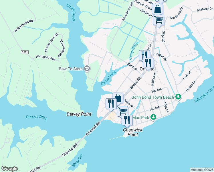 map of restaurants, bars, coffee shops, grocery stores, and more near 107 Midyette Street in Oriental
