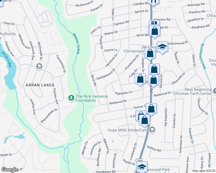 map of restaurants, bars, coffee shops, grocery stores, and more near 5302 Bayleaf Drive in Fayetteville
