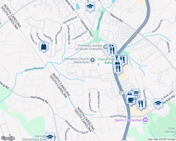 map of restaurants, bars, coffee shops, grocery stores, and more near 16348 Redstone Mountain Lane in Charlotte