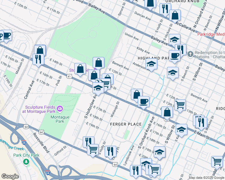 map of restaurants, bars, coffee shops, grocery stores, and more near 1500 East 13th Street in Chattanooga