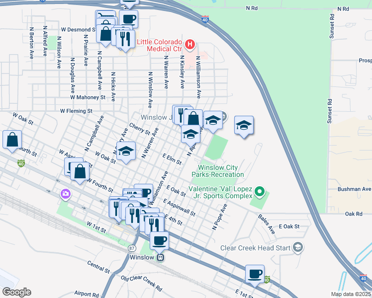 map of restaurants, bars, coffee shops, grocery stores, and more near 921 North Apache Avenue in Winslow