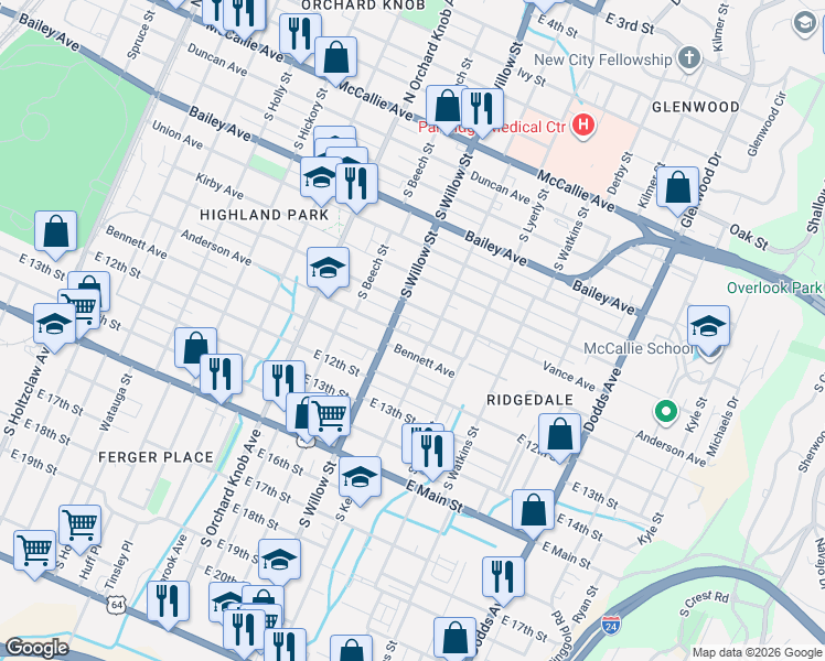 map of restaurants, bars, coffee shops, grocery stores, and more near 2113 Vance Avenue in Chattanooga
