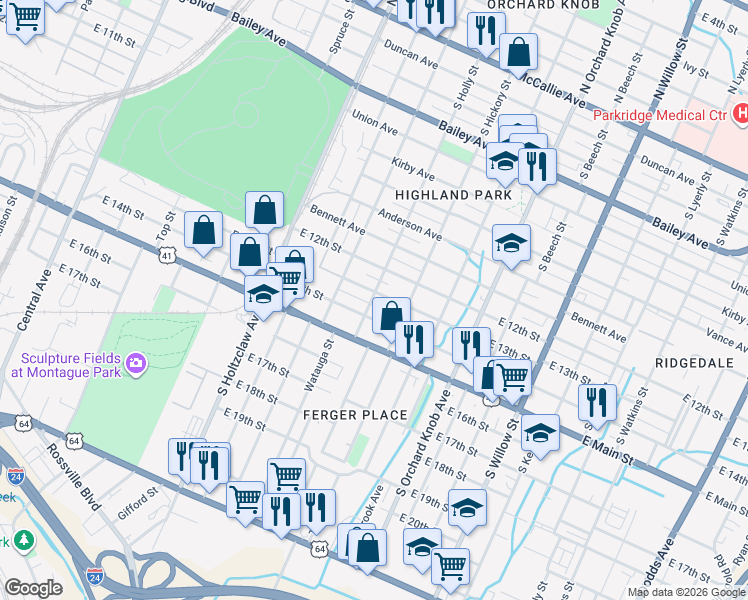 map of restaurants, bars, coffee shops, grocery stores, and more near 1511 East 13th Street in Chattanooga