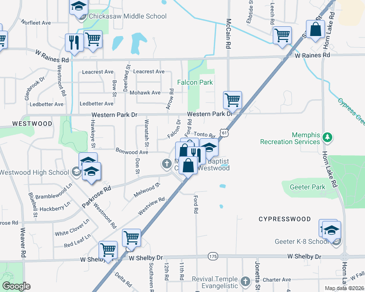 map of restaurants, bars, coffee shops, grocery stores, and more near 4363 Ford Road in Memphis