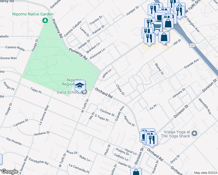 map of restaurants, bars, coffee shops, grocery stores, and more near 877 Tanis Place in Nipomo