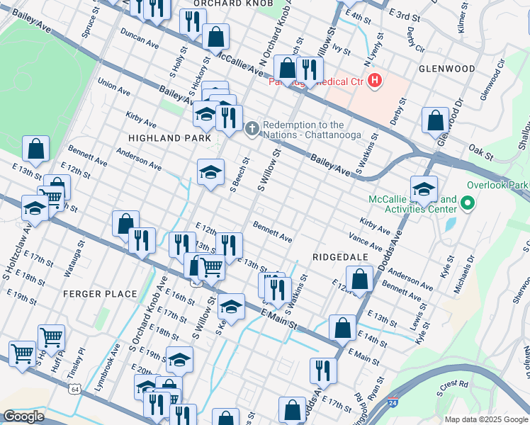 map of restaurants, bars, coffee shops, grocery stores, and more near 2113 Vance Avenue in Chattanooga