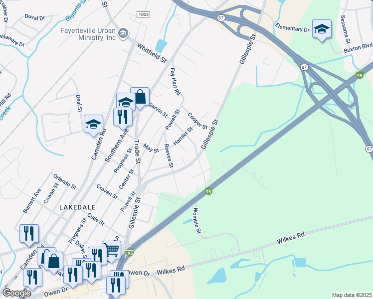 map of restaurants, bars, coffee shops, grocery stores, and more near 145 Grady Street in Fayetteville