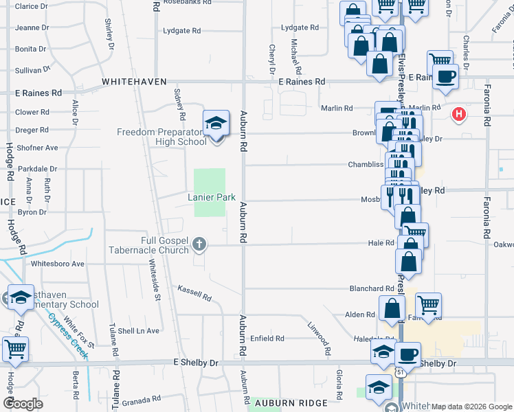 map of restaurants, bars, coffee shops, grocery stores, and more near 884 Mosby Road in Memphis