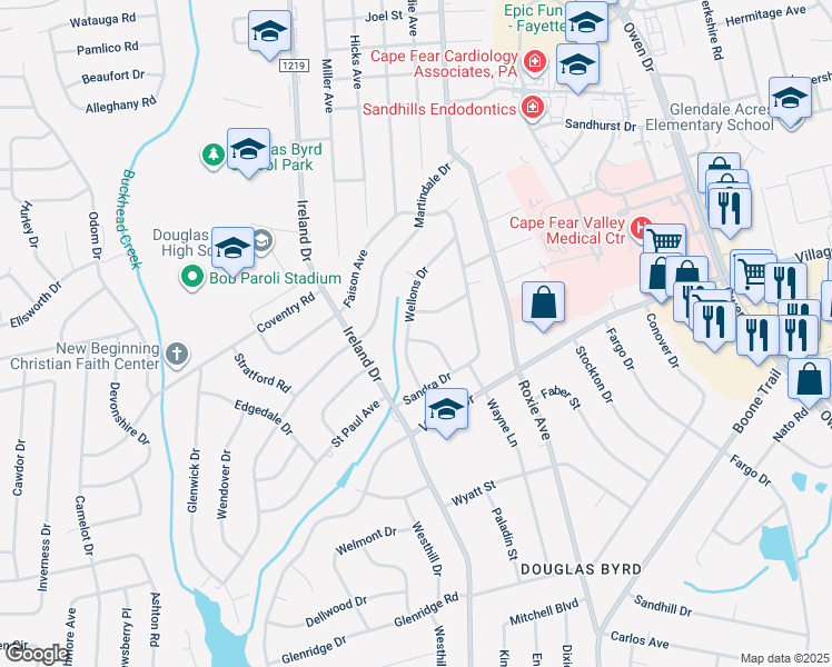 map of restaurants, bars, coffee shops, grocery stores, and more near 1717 Wellons Drive in Fayetteville