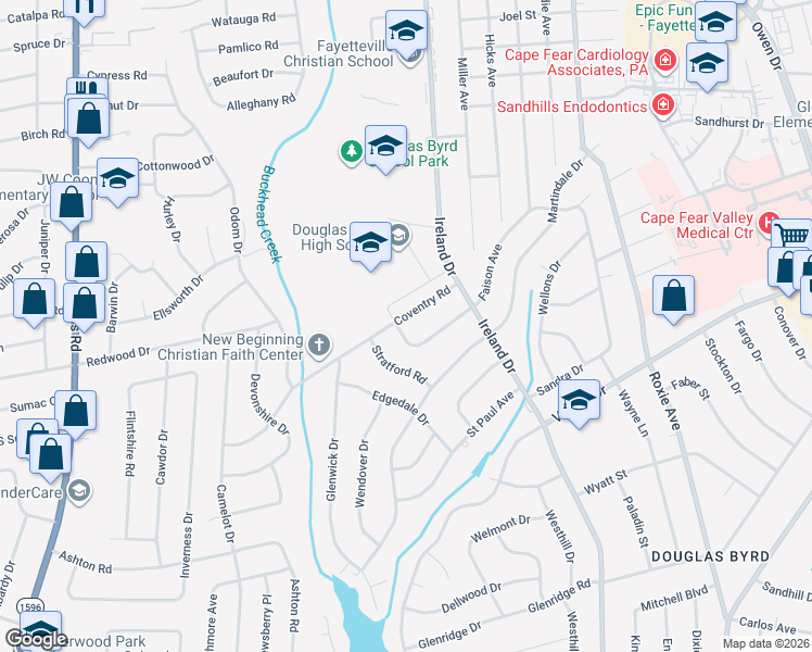 map of restaurants, bars, coffee shops, grocery stores, and more near 4110 Coventry Road in Fayetteville