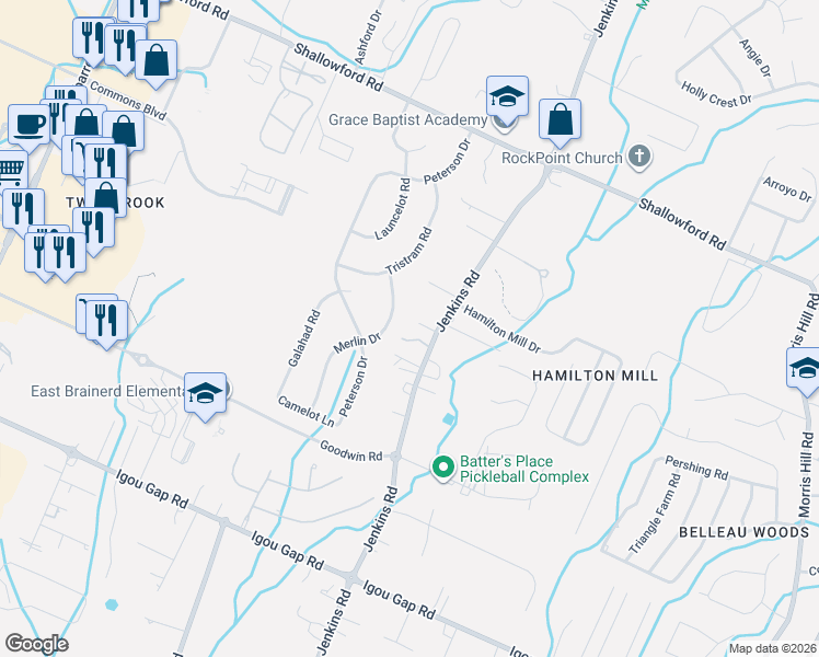 map of restaurants, bars, coffee shops, grocery stores, and more near 7815 Avalon Acres Court in Chattanooga