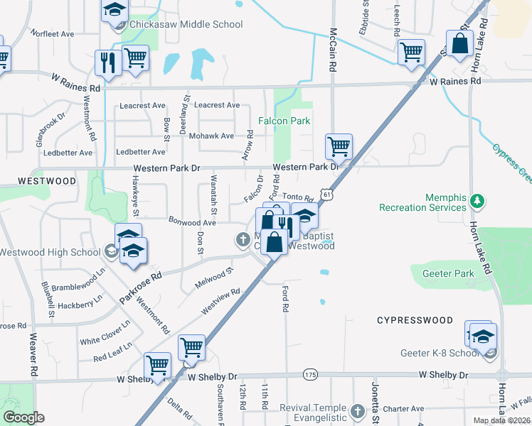 map of restaurants, bars, coffee shops, grocery stores, and more near 4363 Ford Road in Memphis