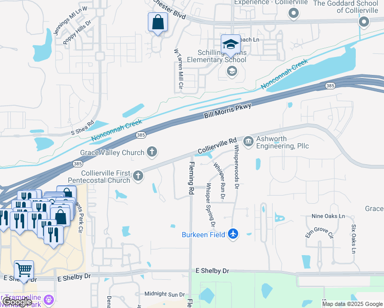 map of restaurants, bars, coffee shops, grocery stores, and more near Collierville Road in Collierville