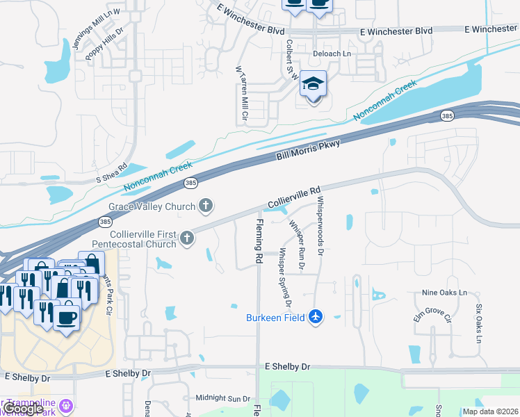 map of restaurants, bars, coffee shops, grocery stores, and more near Collierville Road in Collierville