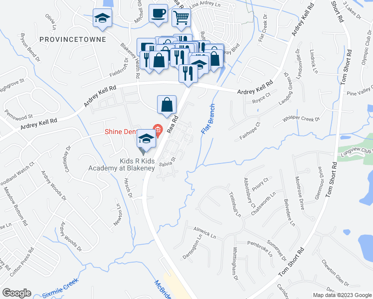 map of restaurants, bars, coffee shops, grocery stores, and more near 8624 Lenten Rose Court in Charlotte